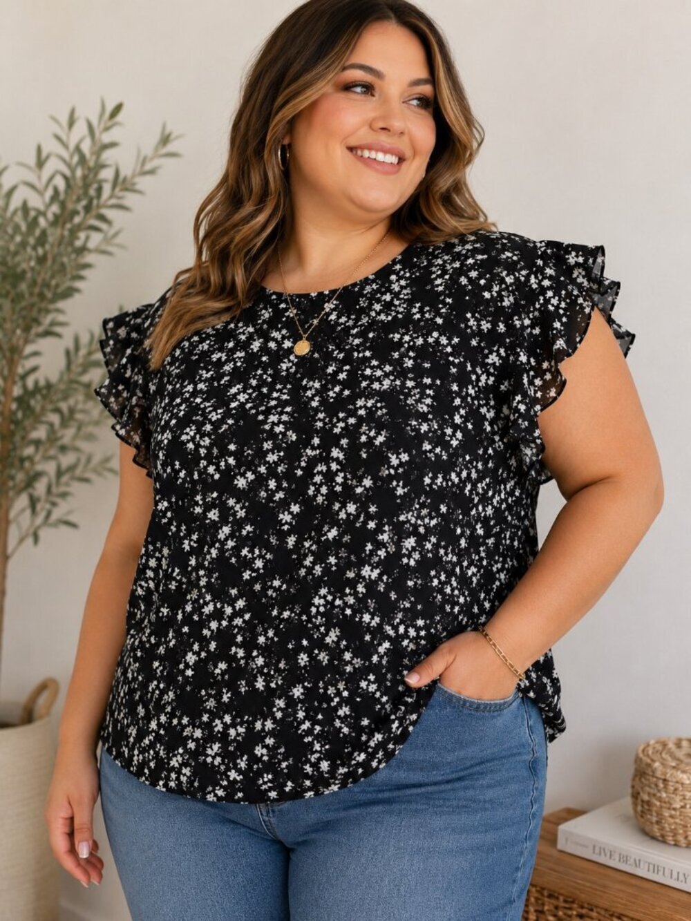 Shein Black White Floral Flutter Sleeve Blouse XL